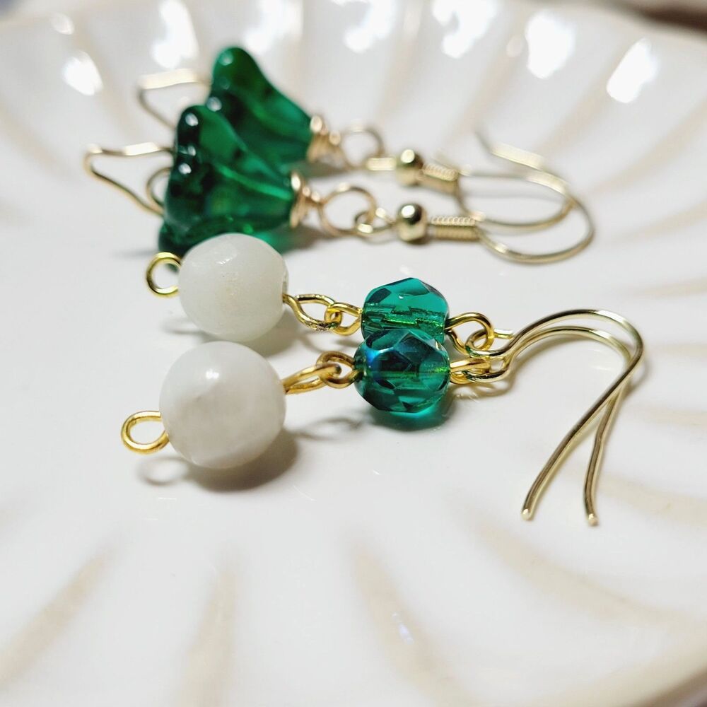 Green Czech flowers and Amazonite dangles Hidden Meaning earrings 660■ - Picture 2 of 8